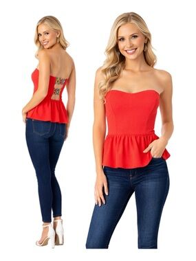 CORAL STRAPLESS CUTOUT BACK PEPLUM TOP
